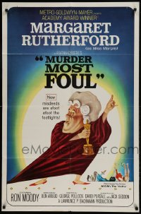 1j595 MURDER MOST FOUL 1sh 1964 art of Margaret Rutherford by Tom Jung, Agatha Christie!