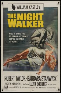 1j611 NIGHT WALKER 1sh 1965 William Castle, Robert Taylor, Barbara Stanwyck, Reynold Brown art!