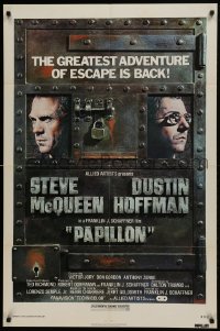 1j654 PAPILLON 1sh R1977 great art of prisoners Steve McQueen & Dustin Hoffman by Richard Amsel