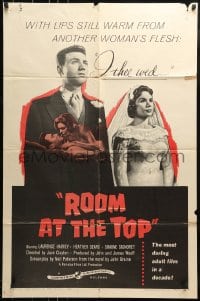 1j725 ROOM AT THE TOP 1sh 1959 Laurence Harvey loves Heather Sears AND Simone Signoret!