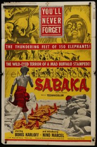1j738 SABAKA 1sh 1954 you'll never forget Boris Karloff or the 150 thundering elephants!