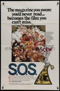 1j737 S.O.S. 1sh 1975 x-rated sexploitation, wacky cartoon art, Screw on Screen!