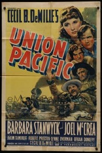 1j928 UNION PACIFIC 1sh R1943 Cecil B. DeMille, Barbara Stanwyck, Joel McCrea & train art, rare!