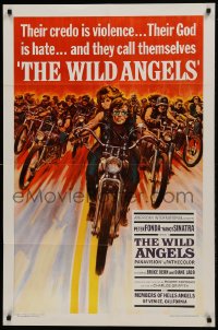 1j975 WILD ANGELS 1sh 1966 classic art of biker Peter Fonda & sexy Nancy Sinatra on motorcycle!