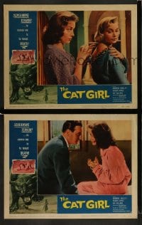 1k824 CAT GIRL 2 LCs 1957 human feline Barbara Shelley, cool border art of huge cat, English horror!