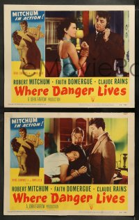 1k792 WHERE DANGER LIVES 3 LCs 1950 great images of Robert Mitchum & Faith Domergue!
