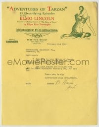 1m117 ADVENTURES OF TARZAN 9x11 booking letter February 2, 1922 cool letterhead of Elmo Lincoln!