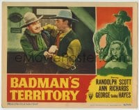 1r357 BADMAN'S TERRITORY LC 1946 close up of Randolph Scott grabbing old guy with both hands!
