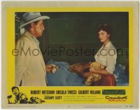 1r358 BANDIDO LC #8 1956 Robert Mitchum holding cigar stares at pretty Ursula Theiss, Fleischer!
