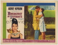 1r397 BREAKFAST AT TIFFANY'S LC #2 1961 c/u of Audrey Hepburn & George Peppard kissing in the rain!
