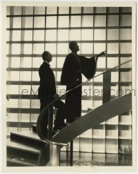 1w153 BLACK CAT 8x10.25 still 1934 robed Boris Karloff leading Bela Lugosi up spiral staircase!
