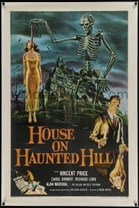 1w103 HOUSE ON HAUNTED HILL linen 1sh 1959 classic art of Vincent Price & skeleton w/ hanging girl!