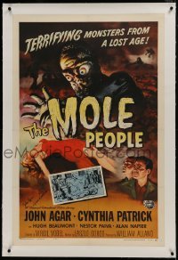 1w116 MOLE PEOPLE signed linen 1sh 1956 by John Agar AND Cynthia Patrick, Joseph Smith monster art!