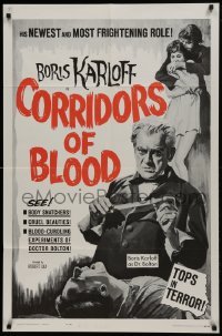 1x332 CORRIDORS OF BLOOD 1sh 1963 Boris Karloff, Christopher Lee, blood-curdling experiments!