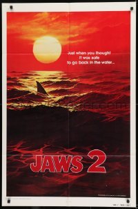 1x386 JAWS 2 teaser 1sh 1978 art of man-eating shark's fin in red water at sunset, undated design!