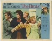 1x185 BIRDS LC #1 1963 Hitchcock, great close up of Rod Taylor, Suzanne Pleshette & Tippi Hedren!
