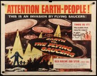 1y043 EARTH VS. THE FLYING SAUCERS style A 1/2sh 1956 sci-fi classic, cool art of UFOs & aliens!