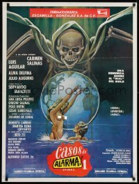 1y155 CASOS DE ALARMA Mexican poster 1986 great art of naked couple threatened by Death from AIDS!
