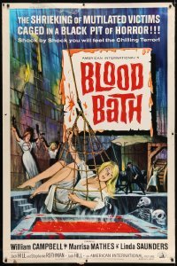 1z218 BLOOD BATH 40x60 1966 AIP, cool artwork of sexy babe being lowered into a pit of horror!