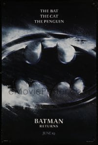 1z365 BATMAN RETURNS teaser 1sh 1992 Burton, Keaton, The Bat, The Cat, The Penguin, cool logo design