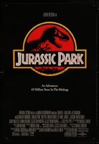 1z641 JURASSIC PARK int'l 1sh 1993 Steven Spielberg, classic logo with T-Rex over red background