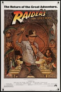 1z794 RAIDERS OF THE LOST ARK 1sh R1982 great art of adventurer Harrison Ford by Richard Amsel!
