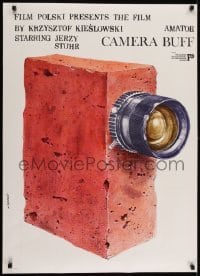 2b553 CAMERA BUFF export Polish 27x38 1979 wonderful art of brick movie camera by Andrzej Pagowski!