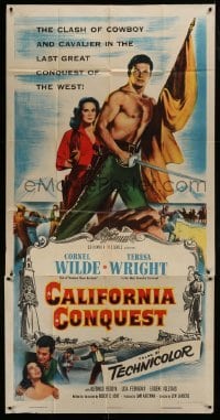 2c650 CALIFORNIA CONQUEST 3sh 1952 barechested Cornel Wilde & Teresa Wright fight for freedom!