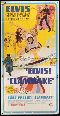 2c663 CLAMBAKE 3sh 1967 McGinnis art of Elvis Presley in speed boat with sexy babes, rock & roll!