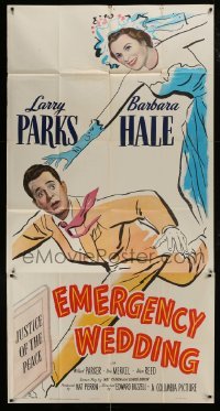 2c693 EMERGENCY WEDDING 3sh 1950 Larry Parks would marry Barbara Hale in a minute, great art!