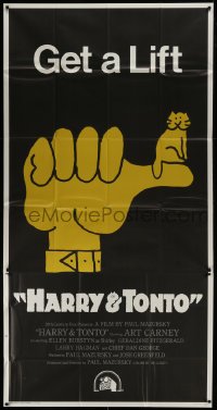 2c732 HARRY & TONTO 3sh 1974 Paul Mazursky, wonderful art of cat sitting on giant thumb!