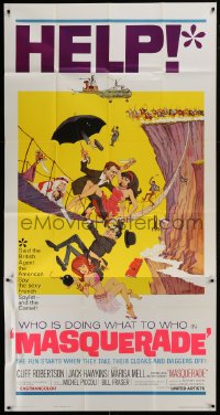 2c801 MASQUERADE 3sh 1965 Cliff Robertson, Marisa Mell, great wacky Jack Rickard artwork!