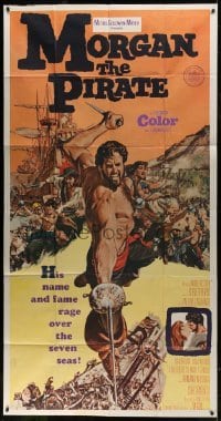 2c813 MORGAN THE PIRATE int'l 3sh 1961 cool art of barechested swashbuckler Steve Reeves!
