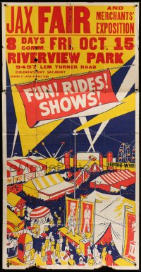 2c043 FUN! RIDES! SHOWS! 43x83 circus poster 1950s great colorful carnival artwork!