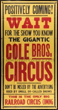 2c044 GIGANTIC COLE BROS. CIRCUS 42x82 circus poster 1940s the only big railroad circus coming!