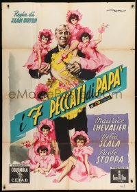 2c537 MY SEVEN LITTLE SINS Italian 1p 1954 DeSeta art of Maurice Chevalier in apron w/ tiny girls!