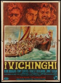 2c279 VIKINGS Italian 2p R1960s art of Kirk Douglas, Tony Curtis & Ernest Borgnine over longships!
