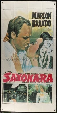 2c066 SAYONARA 40x80 Middle Eastern 3sh R1960s romantic art of Marlon Brando & Miiko Taka!