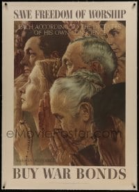 2d143 SAVE FREEDOM OF WORSHIP linen 29x40 WWII war poster 1943 WWII, Norman Rockwell artwork