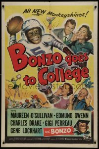 2f116 BONZO GOES TO COLLEGE 1sh 1952 wacky artwork of chimp playing football, all new monkeyshines!