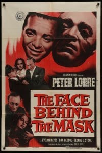 2f298 FACE BEHIND THE MASK 1sh R1955 creepy image of Peter Lorre & mask, Evelyn Keyes!