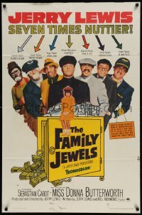2f300 FAMILY JEWELS 1sh 1965 Jerry Lewis is seven times nuttier in seven roles, wacky art!