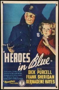 2f413 HEROES IN BLUE 1sh 1939 great cop w/gun stone litho art, Dick Purcell, Bernadene Hayes!