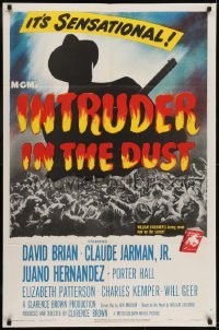 2f460 INTRUDER IN THE DUST 1sh 1949 William Faulkner, silhouette of man with rifle over huge crowd!