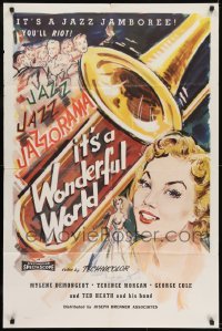 2f469 IT'S A WONDERFUL WORLD 1sh 1959 really cool art of Demongeot & jazz trombone by Yukovich!