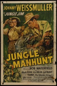 2f485 JUNGLE MANHUNT 1sh 1951 Weissmuller as Jungle Jim, Ryan, Tamba, Glenn Cravath art!