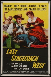 2f514 LAST STAGECOACH WEST 1sh 1957 art of Jim Davis & Mary Castle w/guns on runaway stagecoach!