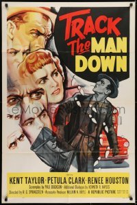 2f914 TRACK THE MAN DOWN 1sh 1955 cool art of detective Kent Taylor tracing footsteps, Petula Clark