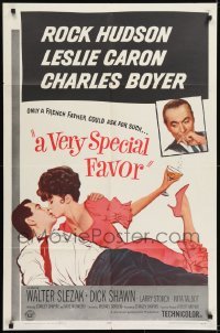 2f942 VERY SPECIAL FAVOR 1sh 1965 Rock Hudson kisses sexy Leslie Caron, Charles Boyer!