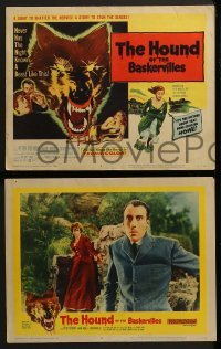 2h177 HOUND OF THE BASKERVILLES 8 LCs 1959 Peter Cushing as Sherlock Holmes, blood-dripping dog art!